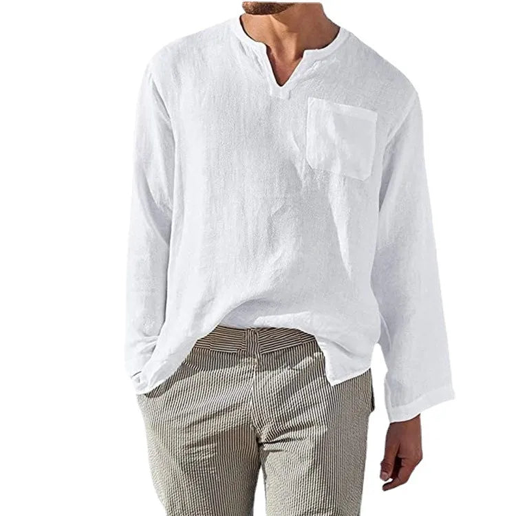 Men's Full Size Casual Notched Linen Long Sleeve Top Plus Size - Velora Luxury Fashion
