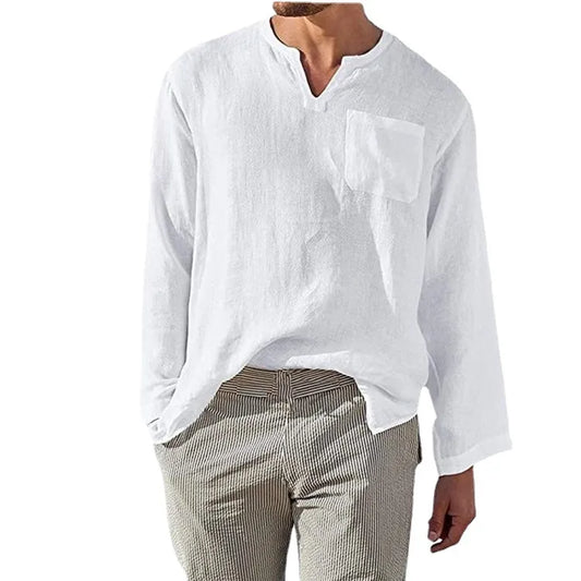 Men's Full Size Casual Notched Linen Long Sleeve Top Plus Size - Velora Luxury Fashion