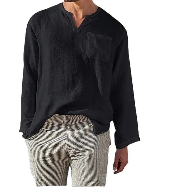 Men's Full Size Casual Notched Linen Long Sleeve Top Plus Size - Velora Luxury Fashion