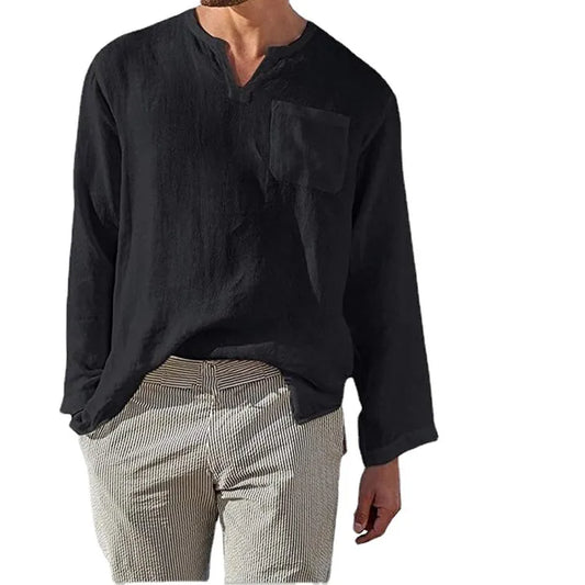 Men's Full Size Casual Notched Linen Long Sleeve Top Plus Size - Velora Luxury Fashion