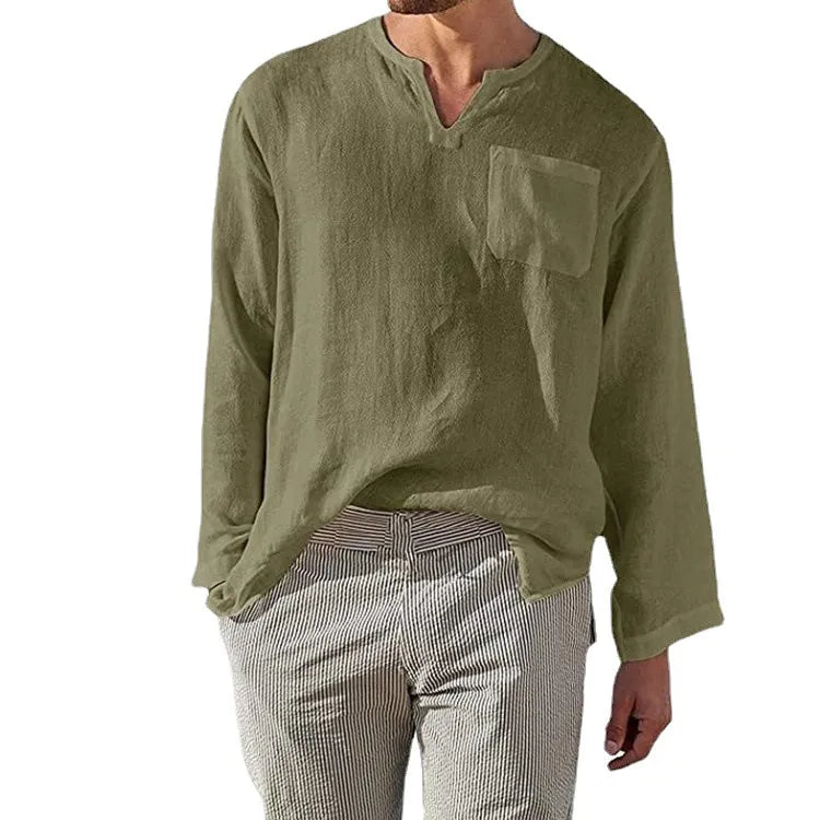 Men's Full Size Casual Notched Linen Long Sleeve Top Plus Size - Velora Luxury Fashion