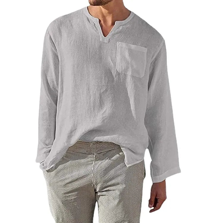 Men's Full Size Casual Notched Linen Long Sleeve Top Plus Size - Velora Luxury Fashion