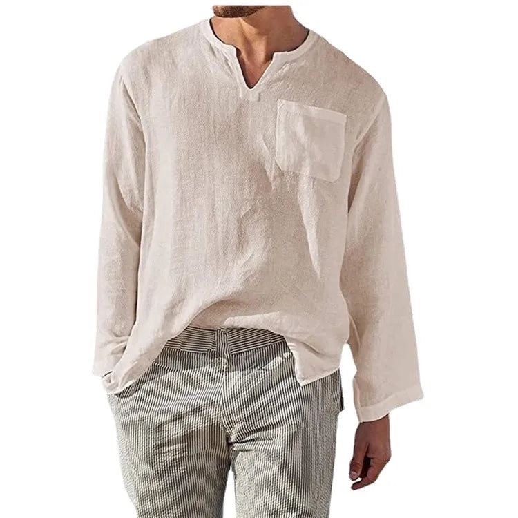 Men's Full Size Casual Notched Linen Long Sleeve Top Plus Size - Velora Luxury Fashion