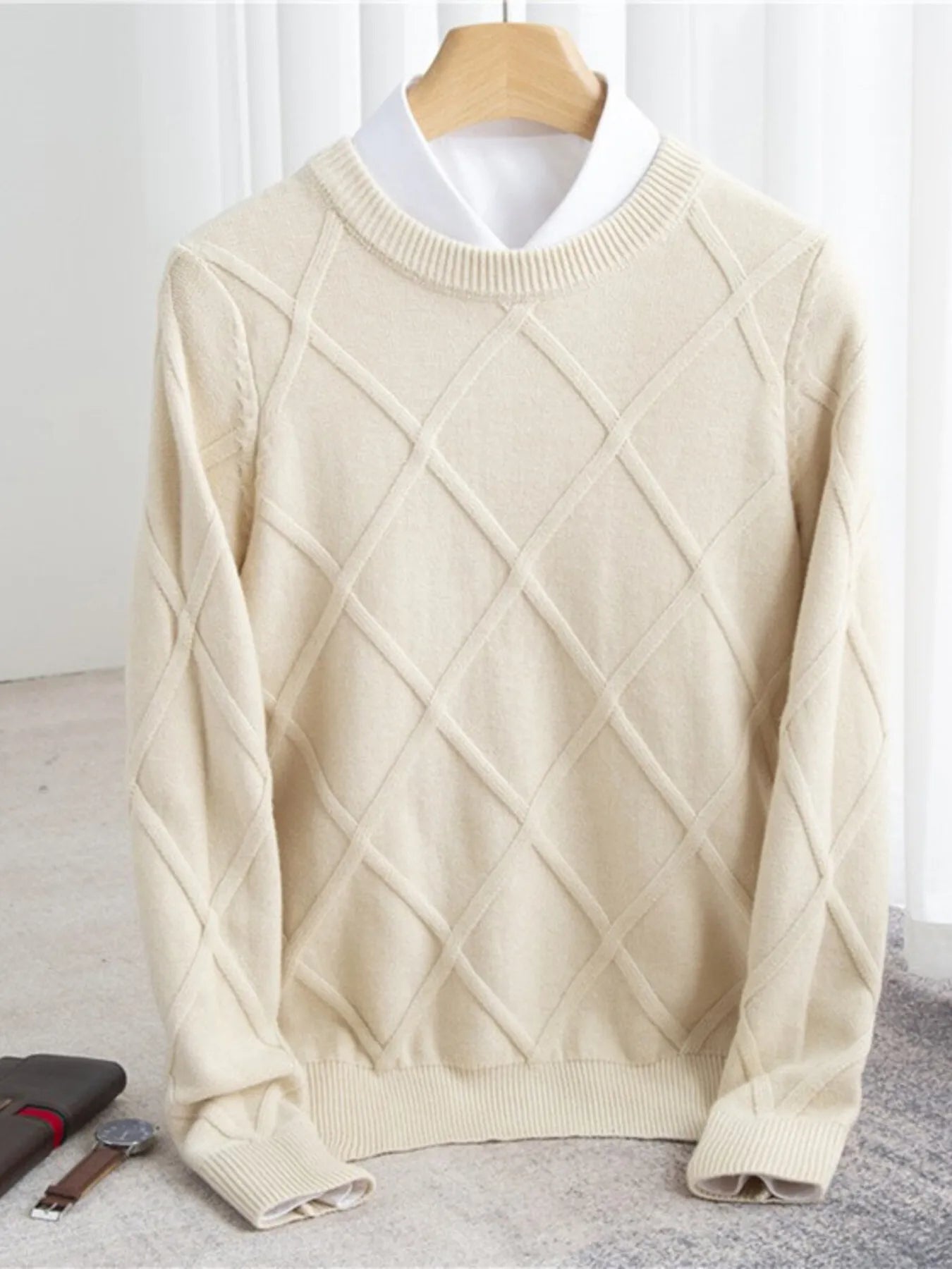 Men's Full Size Diamond Pattern Long Sleeve Sweater Plus Size - Velora Luxury Fashion