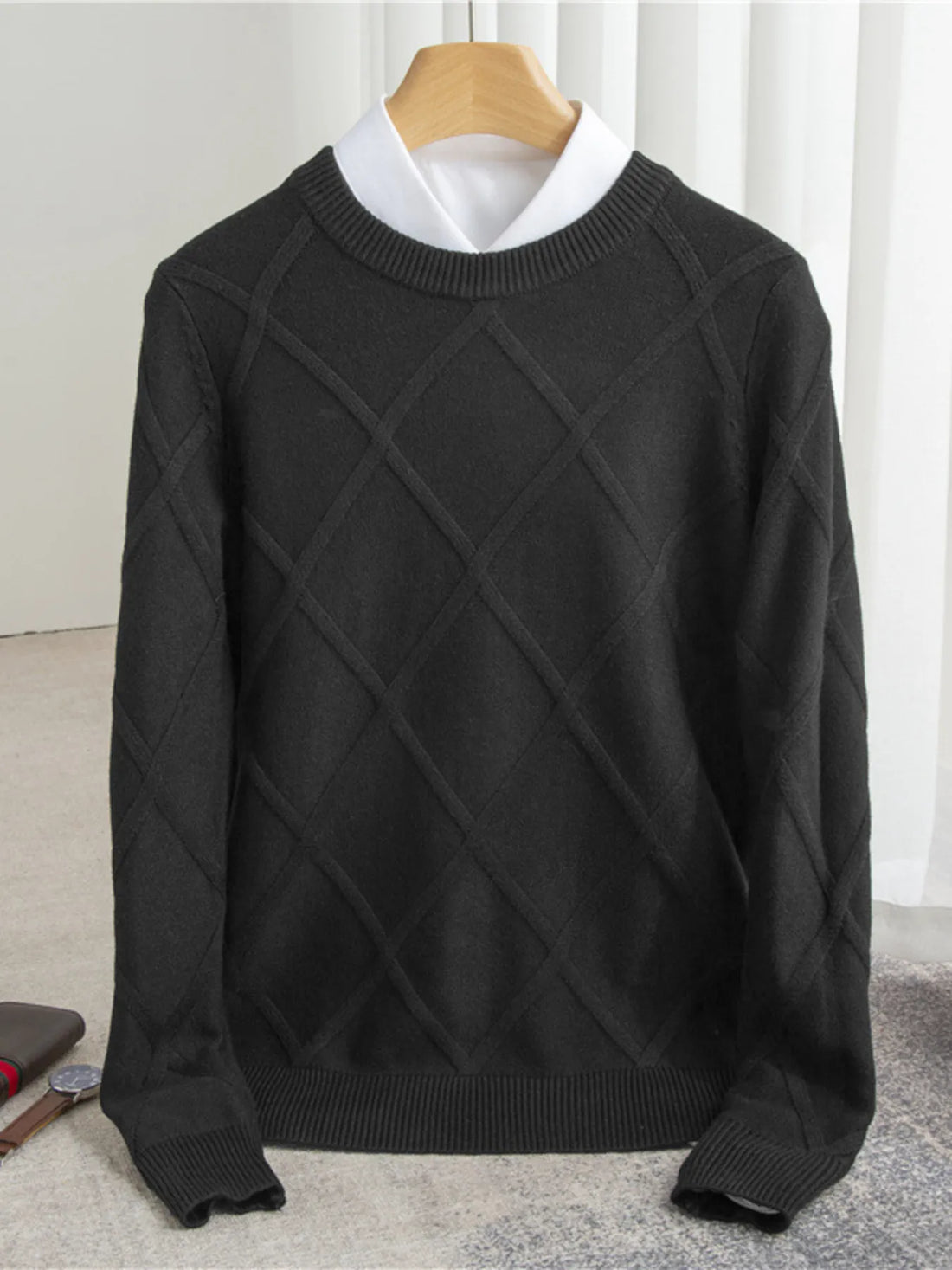 Men's Full Size Diamond Pattern Long Sleeve Sweater Plus Size - Velora Luxury Fashion