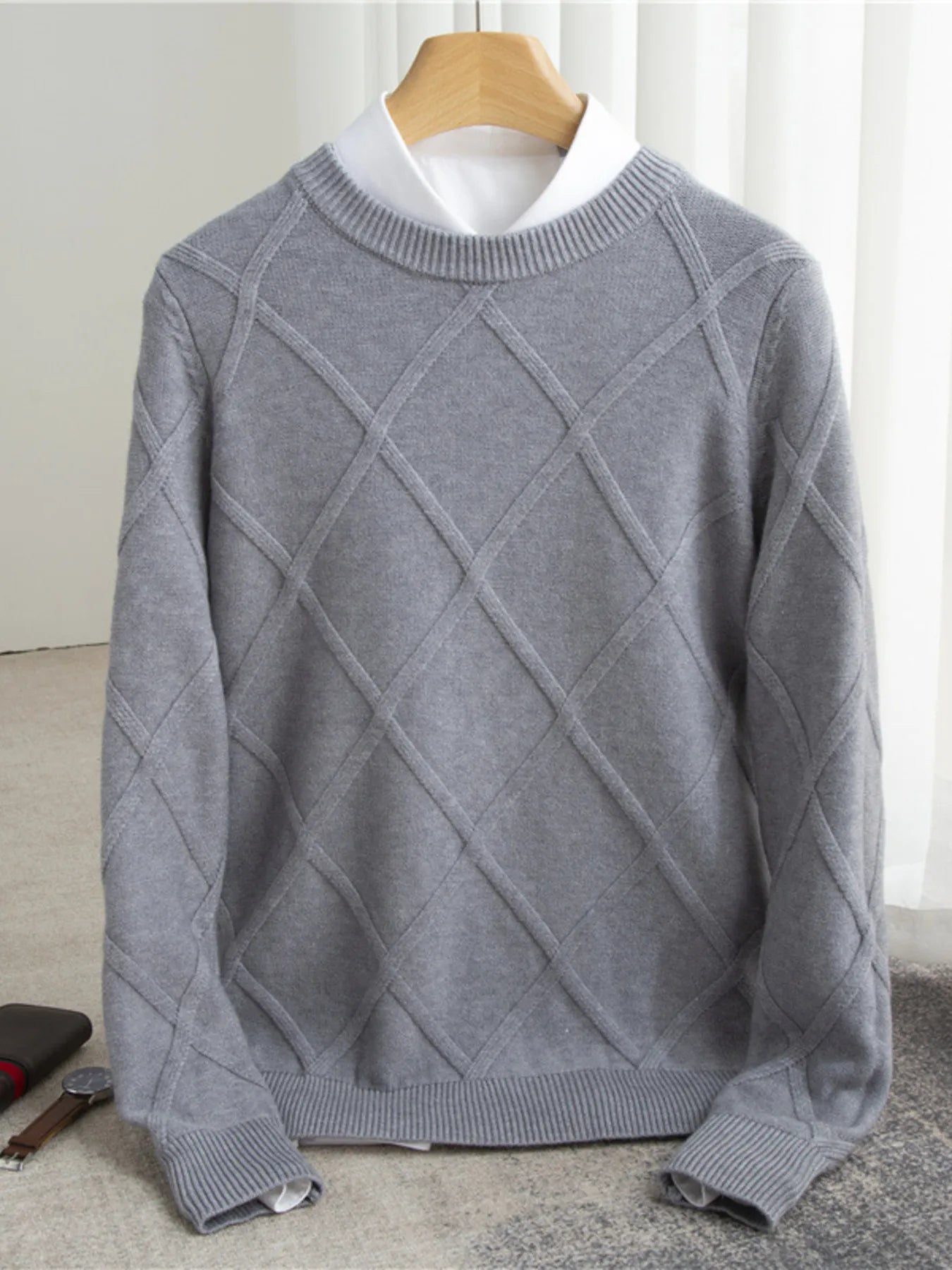 Men's Full Size Diamond Pattern Long Sleeve Sweater Plus Size - Velora Luxury Fashion