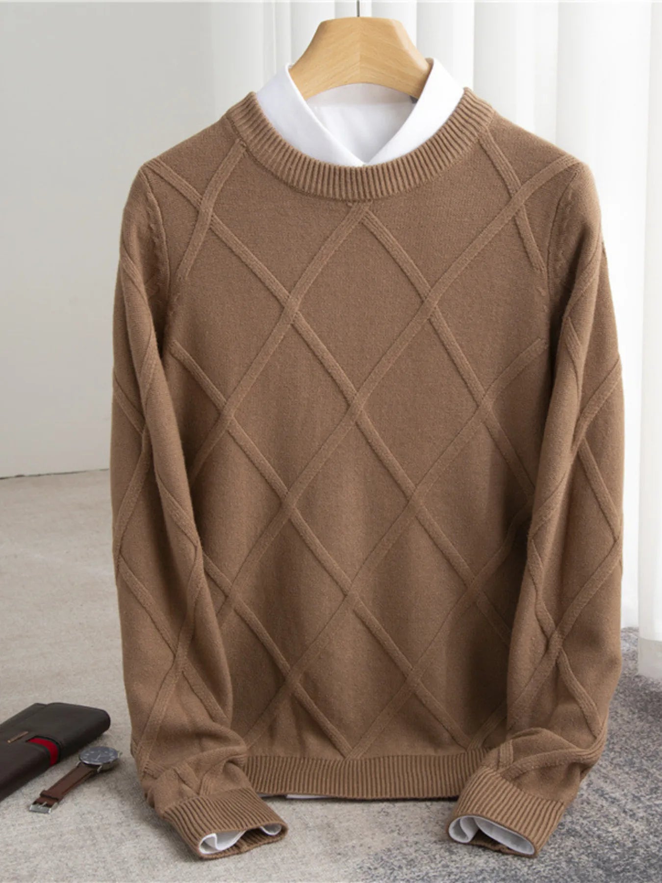 Men's Full Size Diamond Pattern Long Sleeve Sweater Plus Size - Velora Luxury Fashion