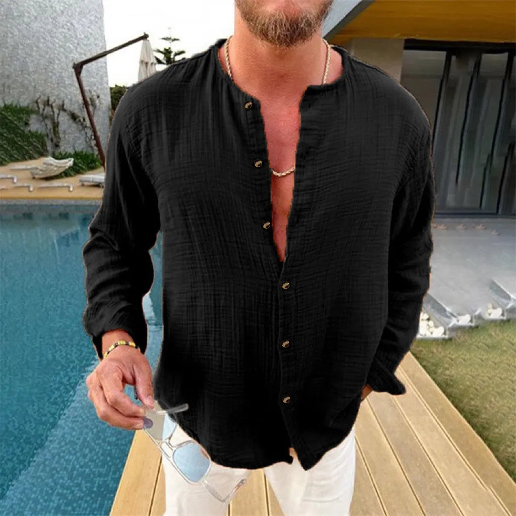 Men's Full Size Linen Button-Down Mandarin Collar Shirt Plus Size - Velora Luxury Fashion