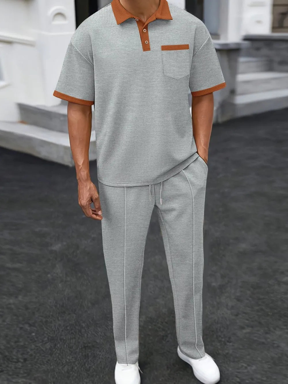 Men's Full Size Waffle-Knit Contrast Polo and Pants Set Plus Size - Velora Luxury Fashion