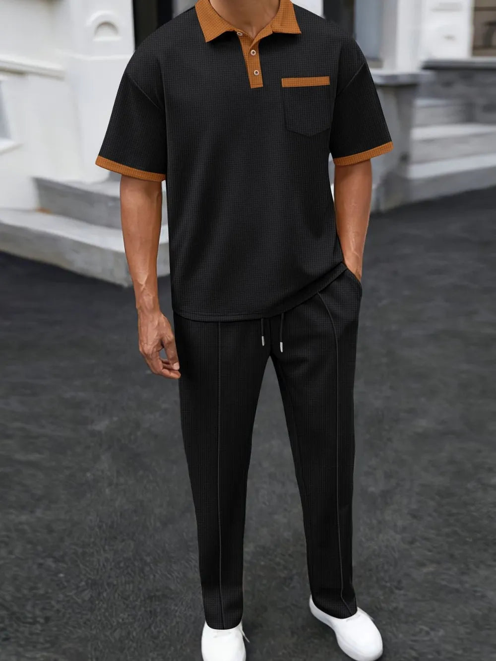 Men's Full Size Waffle-Knit Contrast Polo and Pants Set Plus Size - Velora Luxury Fashion