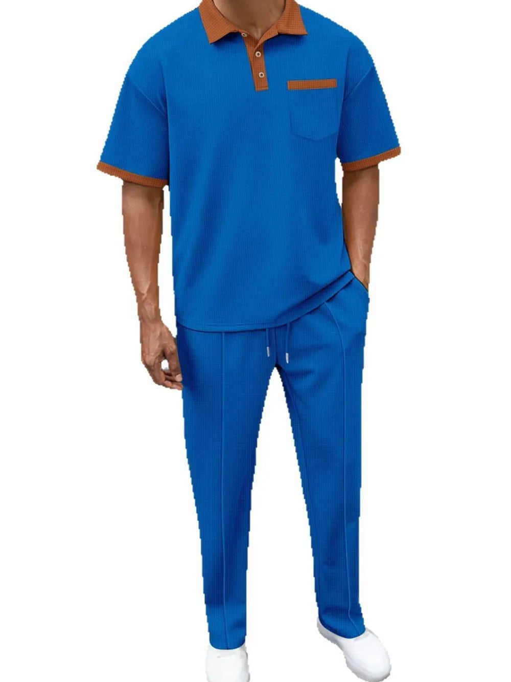 Men's Full Size Waffle-Knit Contrast Polo and Pants Set Plus Size - Velora Luxury Fashion