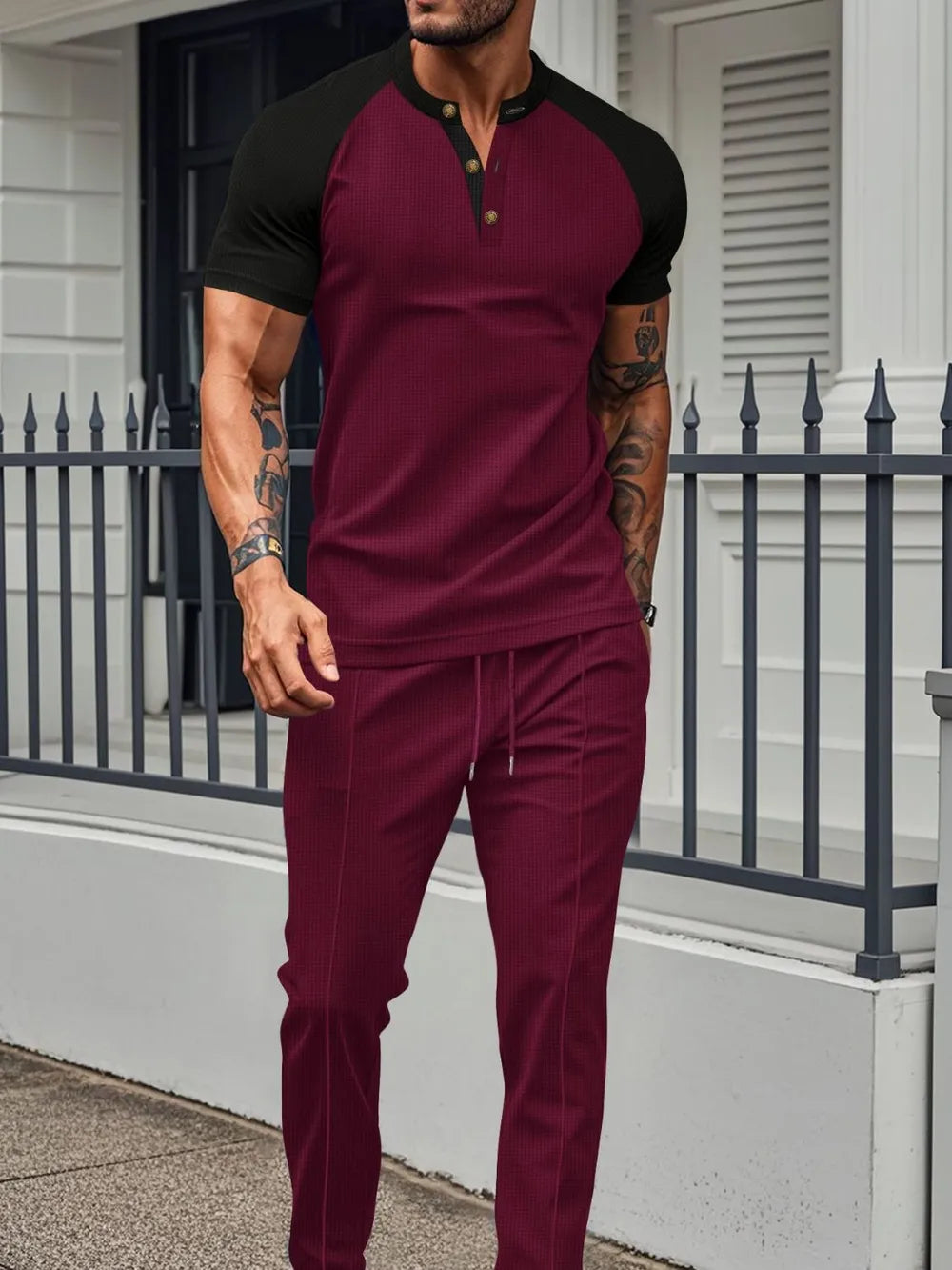 Men's Full Size Waffle-Knit Contrast Top and Drawstring Pants Set Plus Size - Velora Luxury Fashion