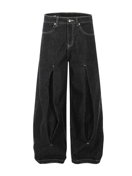 Men's High Waist Curved Jeans with Pleated Detail - Velora Luxury Fashion