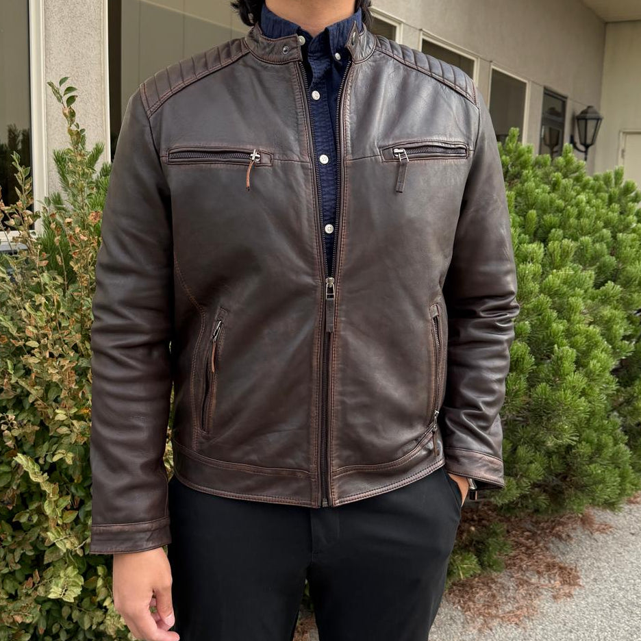 Men's Lamb Leather Jacket. Brown Vintage Style with Zip Pockets - Velora Luxury Fashion