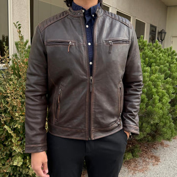 Men's Lamb Leather Jacket. Brown Vintage Style with Zip Pockets - Velora Luxury Fashion
