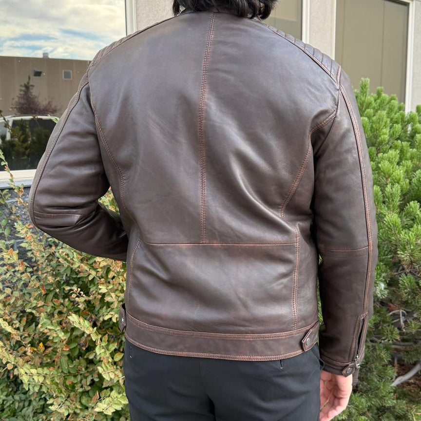 Men's Lamb Leather Jacket. Brown Vintage Style with Zip Pockets - Velora Luxury Fashion