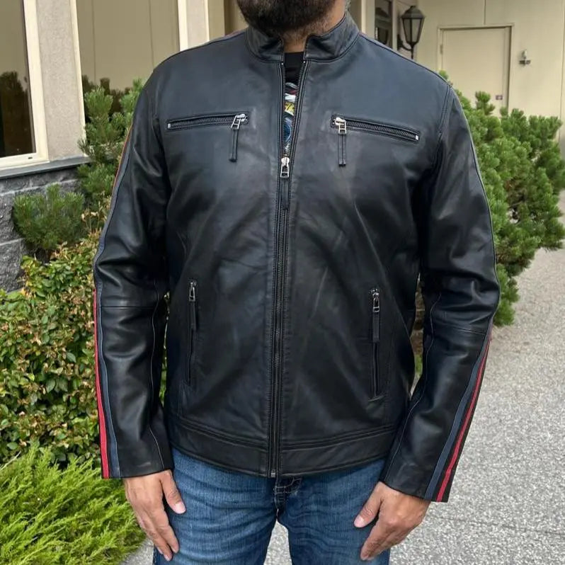 Men's Lamb Leather Jacket with Stripes - Velora Luxury Fashion