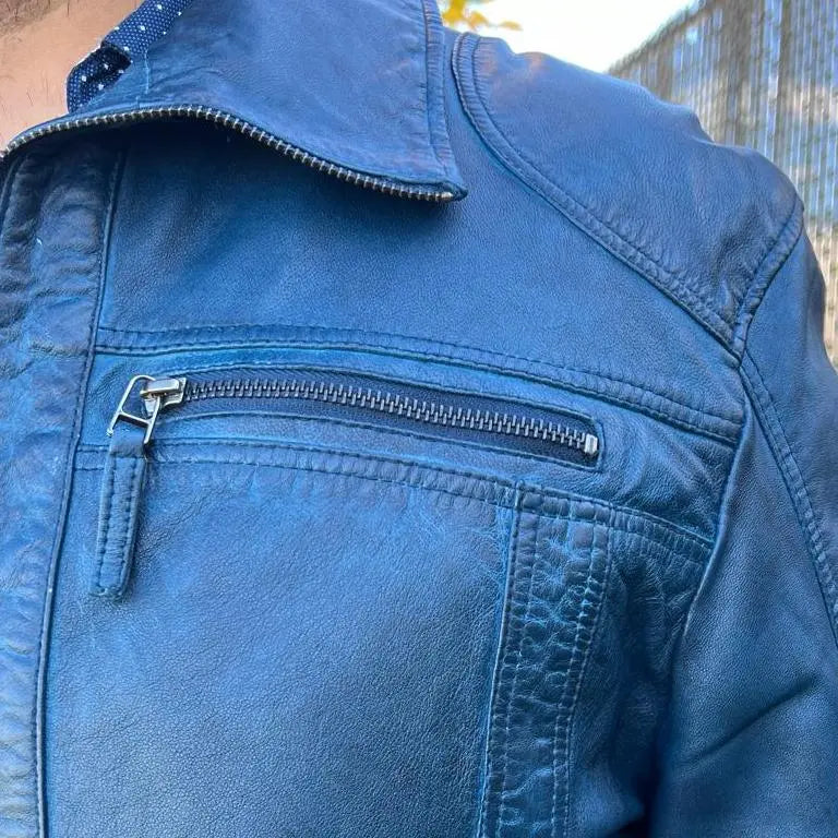 Men's Lamb Leather Jacket with Two Zipper Chest Pockets - Velora Luxury Fashion