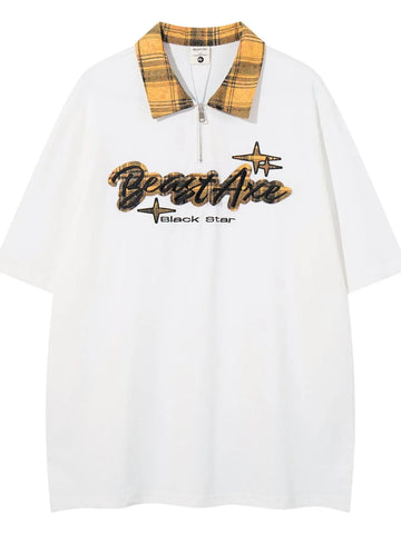 Men's Letter Plaid Collar Short Sleeve Polo - Velora Luxury Fashion