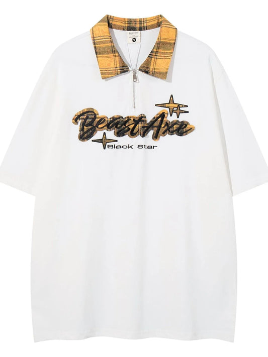 Men's Letter Plaid Collar Short Sleeve Polo - Velora Luxury Fashion