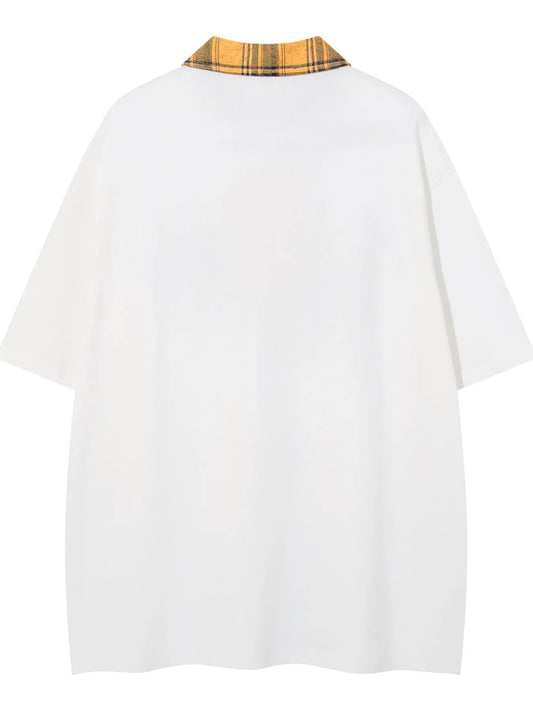 Men's Letter Plaid Collar Short Sleeve Polo - Velora Luxury Fashion