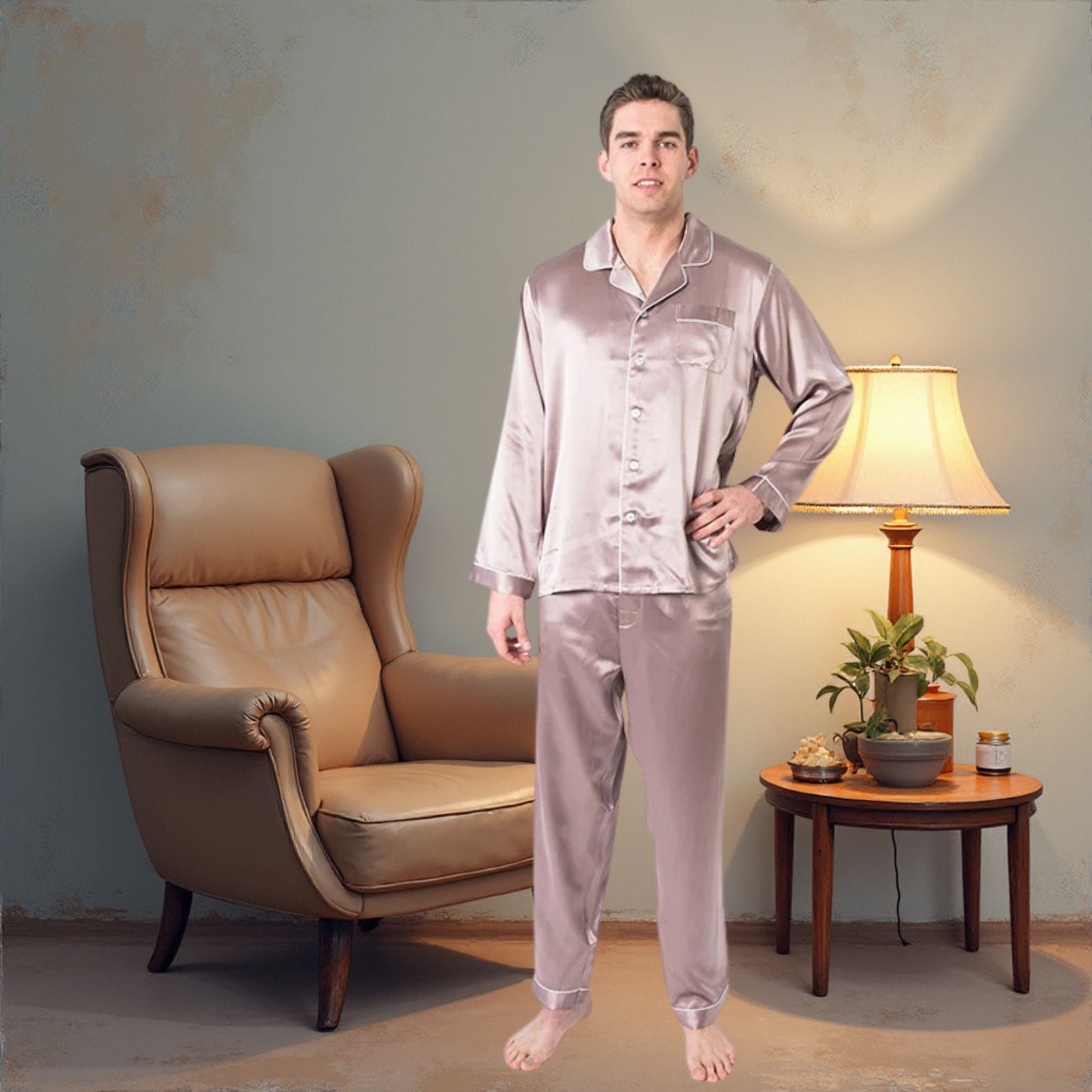 Men's Mulberry Silk Pajama Set Taupe - Velora Luxury Fashion