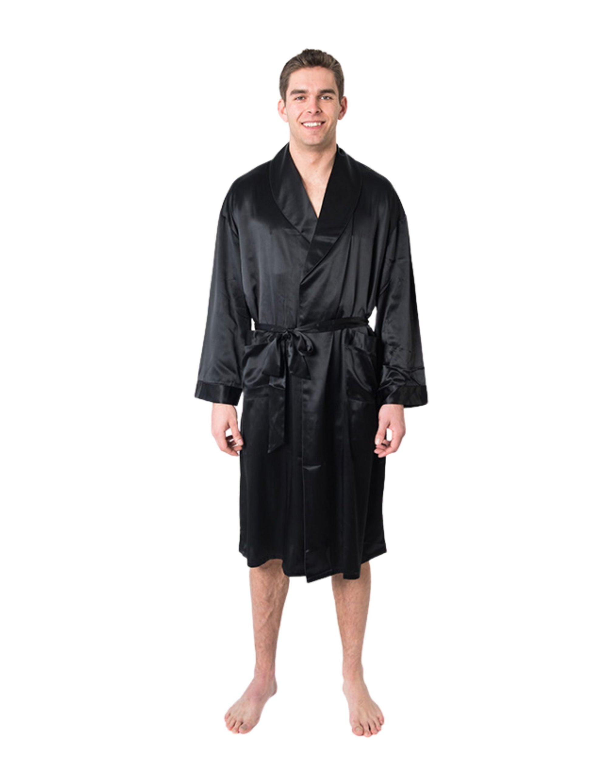 Men's Mulberry Silk Robe Black - Velora Luxury Fashion