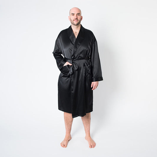Men's Mulberry Silk Robe Black - Velora Luxury Fashion