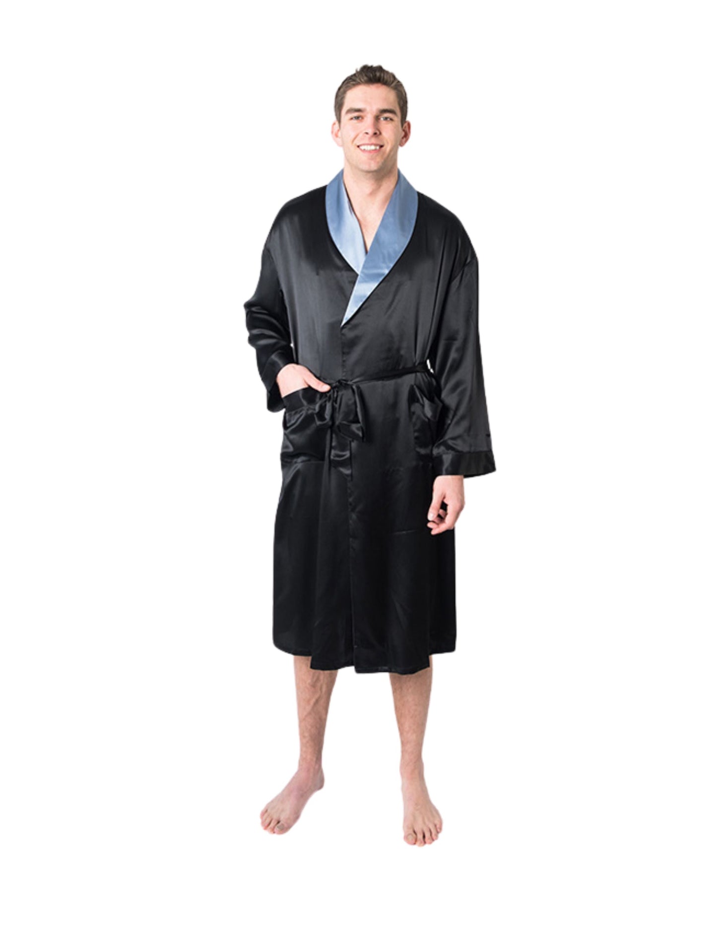 Men's Mulberry Silk Robe Black with Twilight Blue Collar - Velora Luxury Fashion