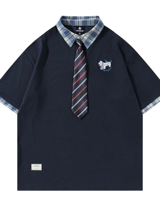Men's Plaid Collar Short Sleeve Polo with Tie - Velora Luxury Fashion