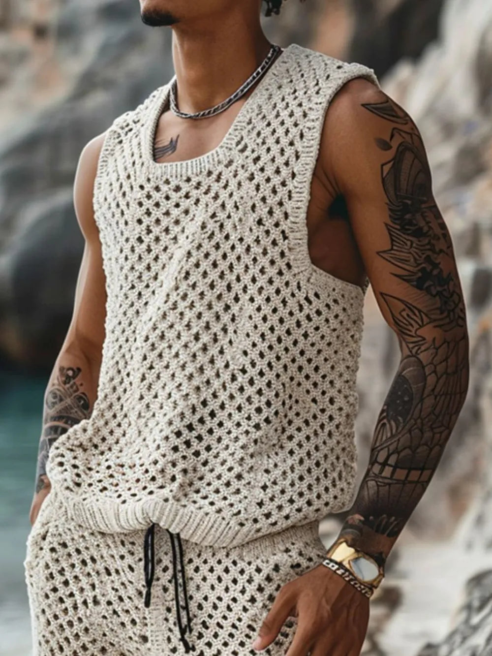 Men's Plus Size Hollow Out Round Neck Tank and Shorts Set - Velora Luxury Fashion