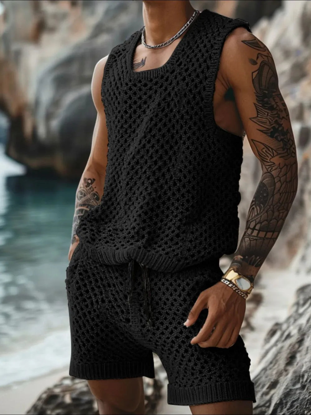 Men's Plus Size Hollow Out Round Neck Tank and Shorts Set - Velora Luxury Fashion