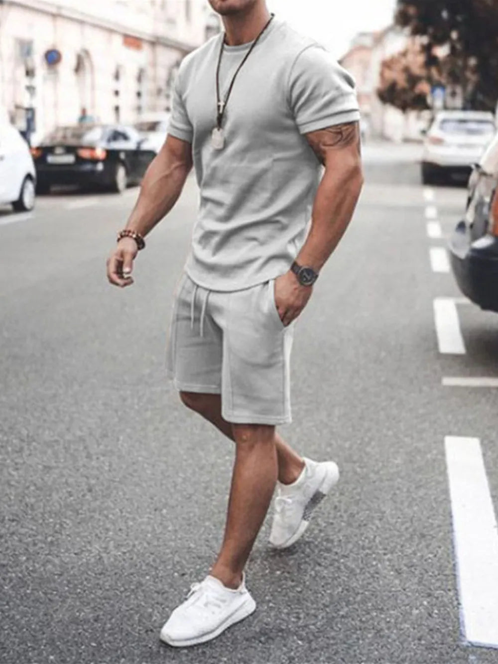 Men's Plus Size Round Neck Short Sleeve Top and Shorts Set - Velora Luxury Fashion