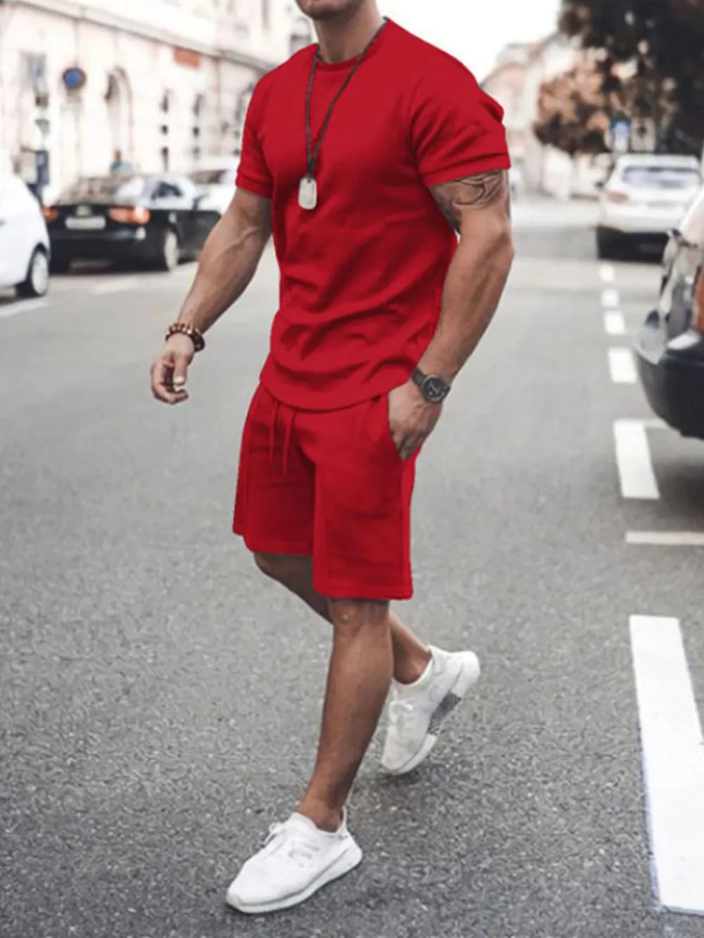 Men's Plus Size Round Neck Short Sleeve Top and Shorts Set - Velora Luxury Fashion