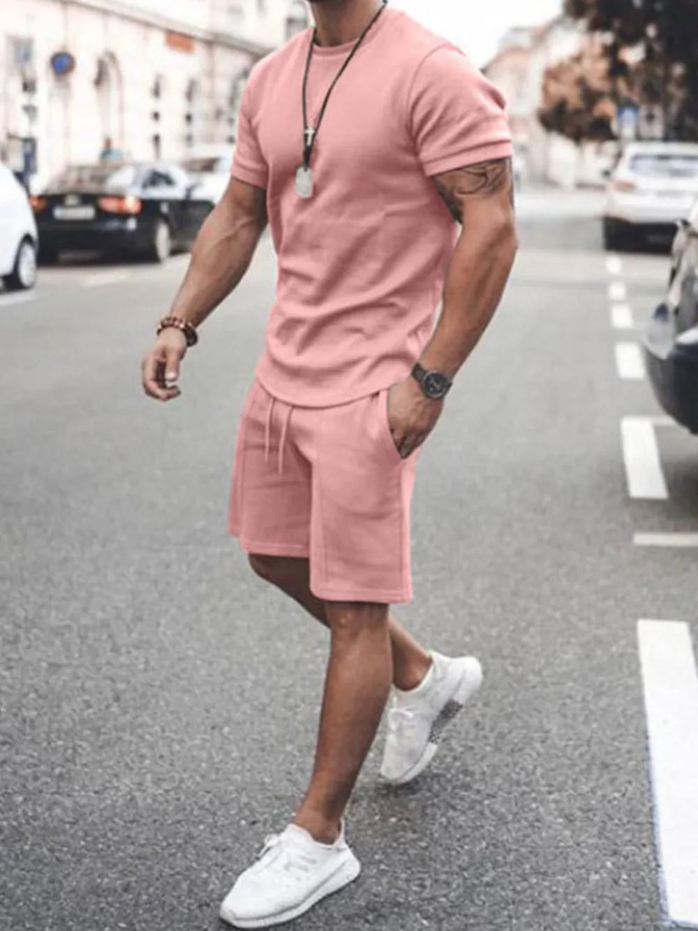 Men's Plus Size Round Neck Short Sleeve Top and Shorts Set - Velora Luxury Fashion