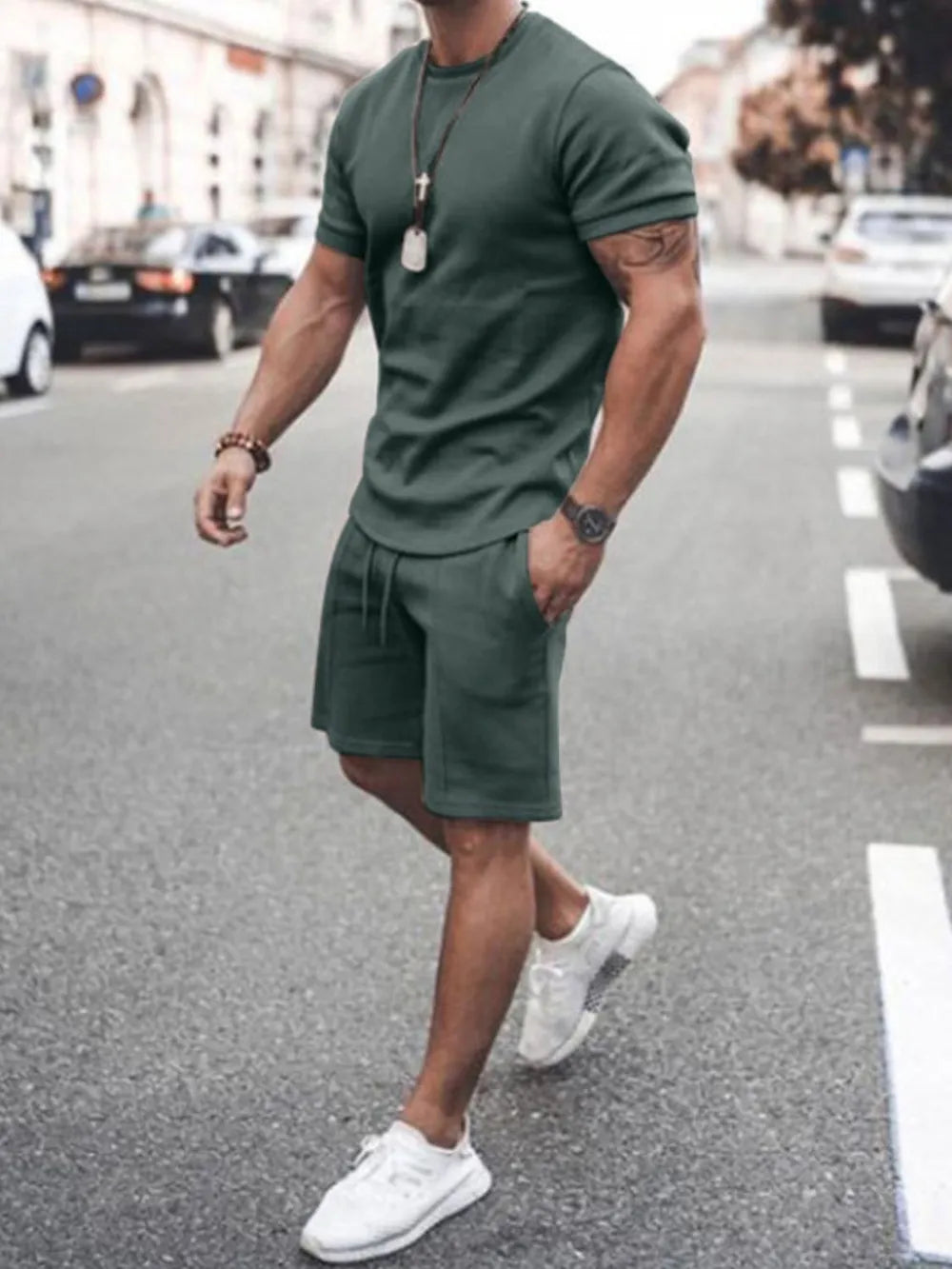 Men's Plus Size Round Neck Short Sleeve Top and Shorts Set - Velora Luxury Fashion
