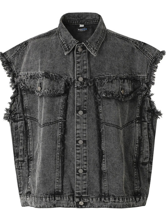 Men's Raw Hem Button Up Sleeveless Denim Jacket - Velora Luxury Fashion