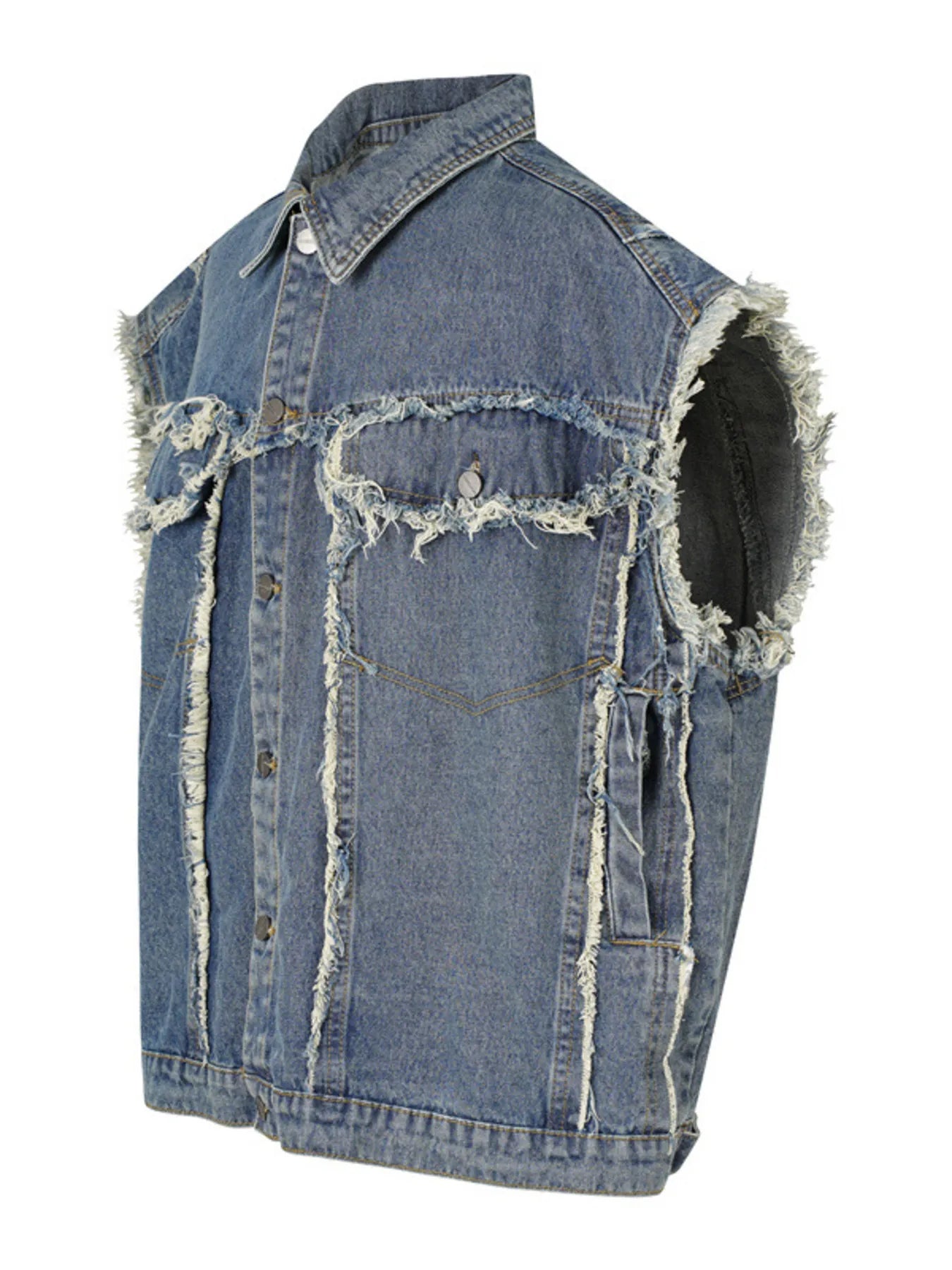 Men's Raw Hem Button Up Sleeveless Denim Jacket - Velora Luxury Fashion