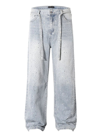 Men's Rhinestone Embellished Wash Relaxed Fit Jeans - Velora Luxury Fashion