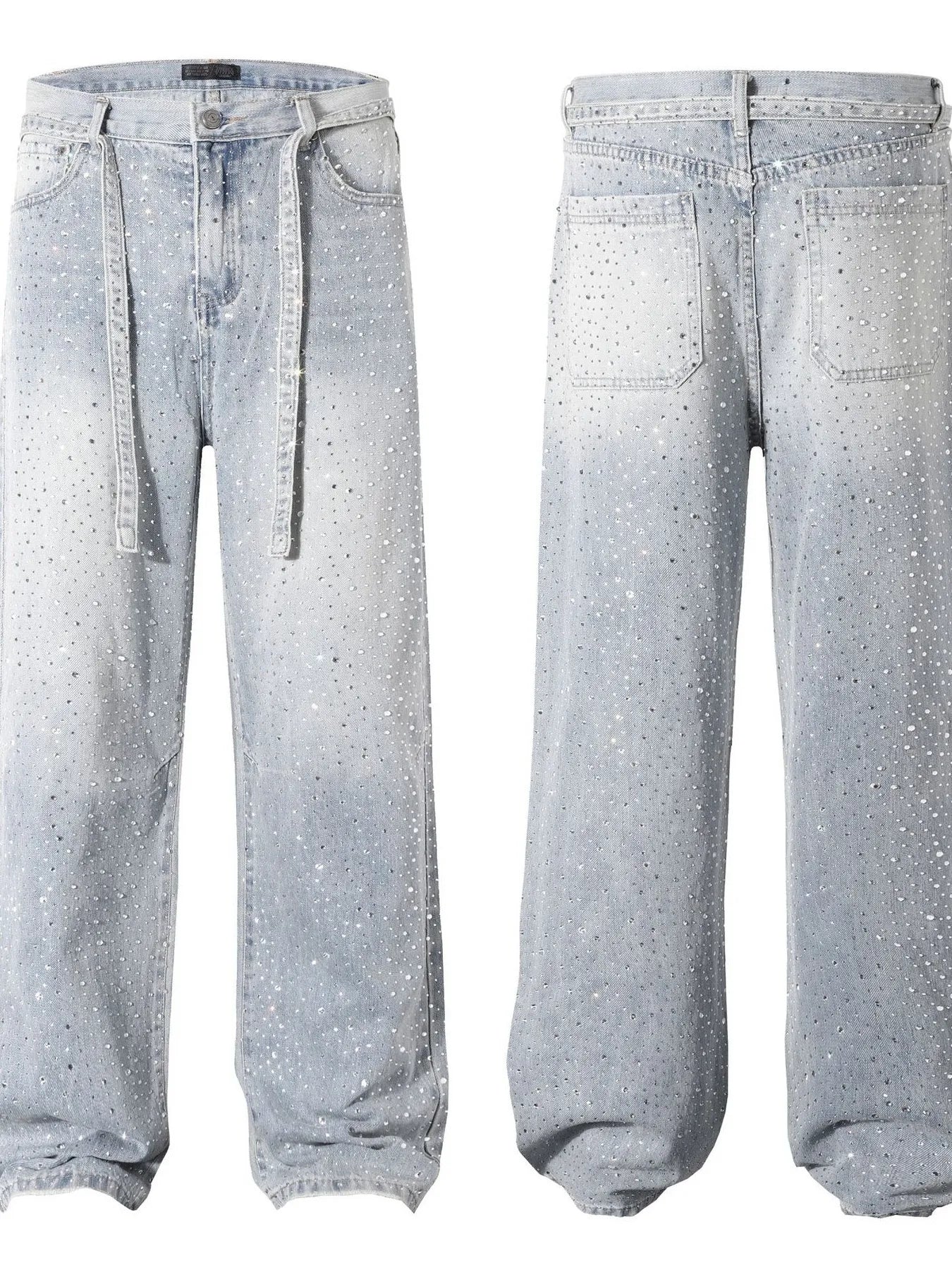 Men's Rhinestone Embellished Wash Relaxed Fit Jeans - Velora Luxury Fashion