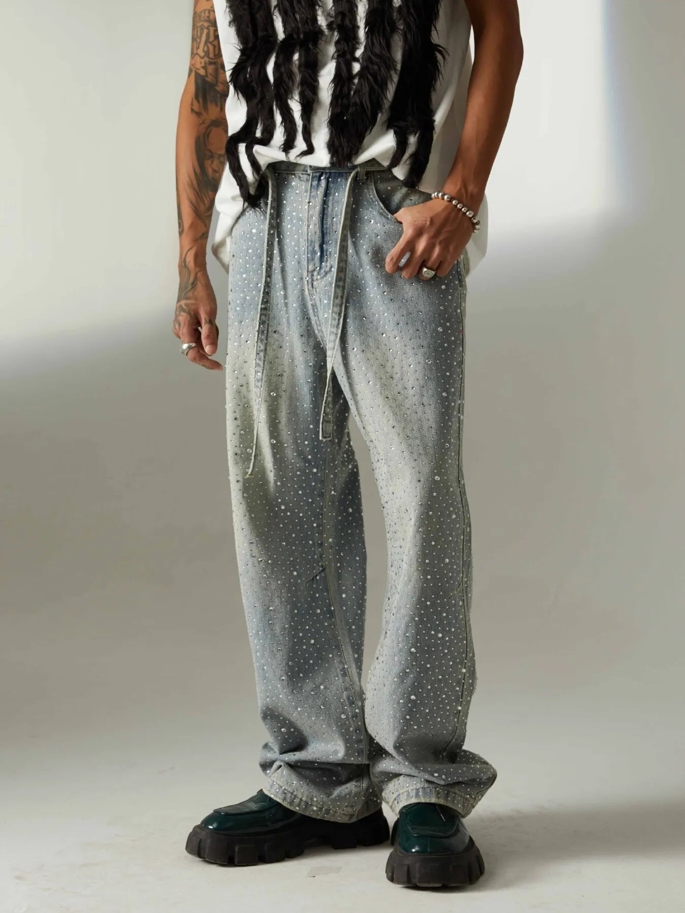 Men's Rhinestone Embellished Wash Relaxed Fit Jeans - Velora Luxury Fashion