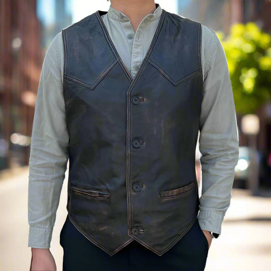 Men's Sheep Leather Ruboff Vest. Classic Button Closure & Front Pockets - Velora Luxury Fashion