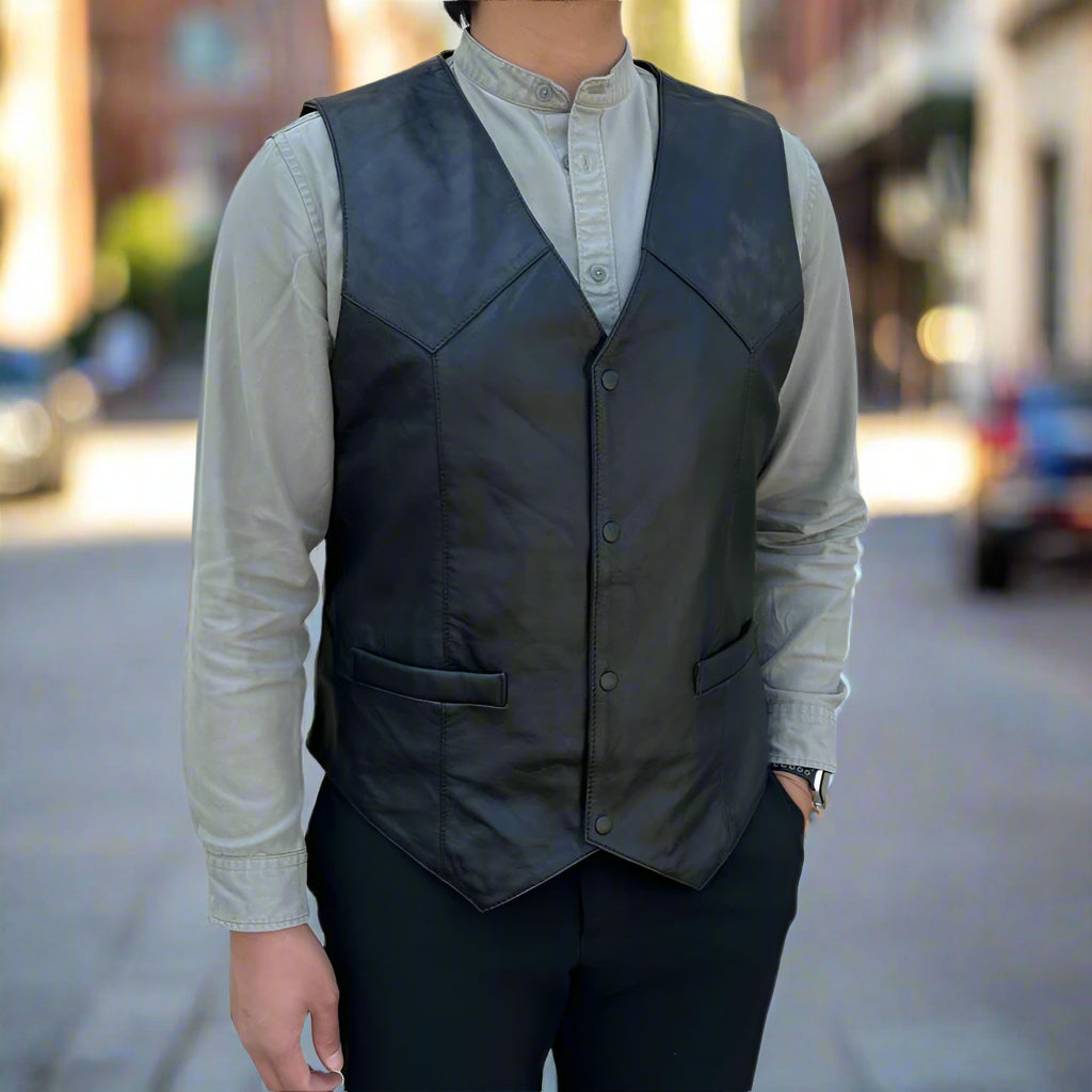 Men's Sheep Leather Vest. Snap Closure & Front Pockets - Velora Luxury Fashion