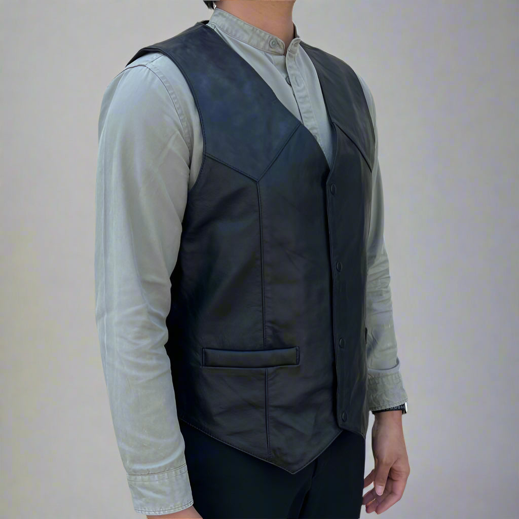Men's Sheep Leather Vest. Snap Closure & Front Pockets - Velora Luxury Fashion