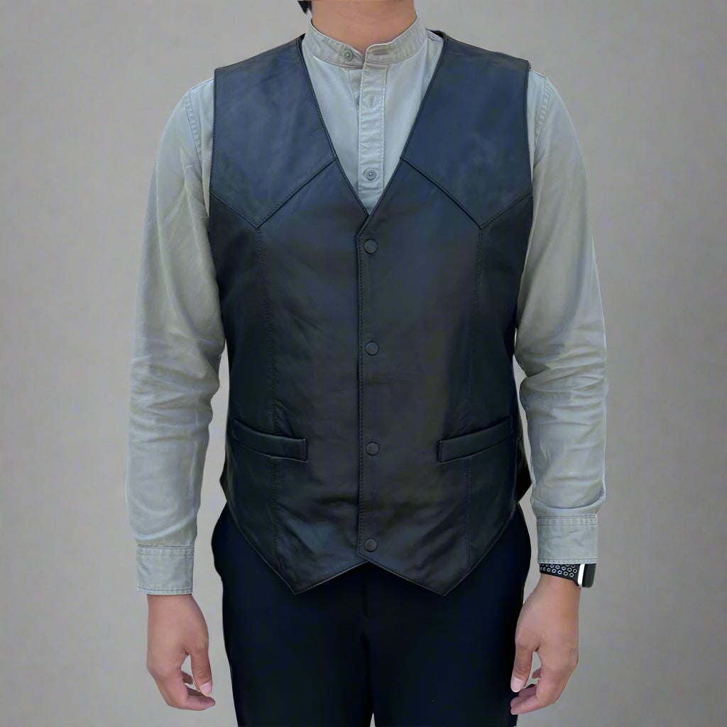 Men's Sheep Leather Vest. Snap Closure & Front Pockets - Velora Luxury Fashion