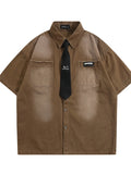 Men's Short Sleeve Denim Shirt with Tie Detail - Velora Luxury Fashion