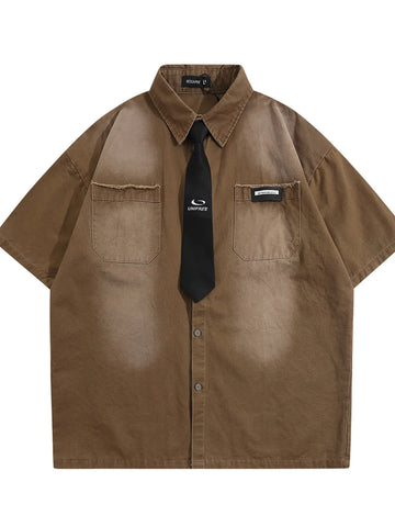 Men's Short Sleeve Denim Shirt with Tie Detail - Velora Luxury Fashion