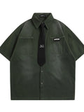 Men's Short Sleeve Denim Shirt with Tie Detail - Velora Luxury Fashion