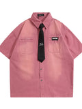 Men's Short Sleeve Denim Shirt with Tie Detail - Velora Luxury Fashion