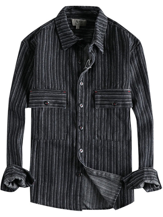 Men's Striped Button Down Denim Shirt - Velora Luxury Fashion